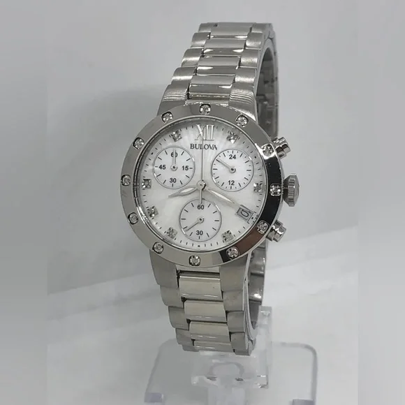 ♥️ BULOVA DIAMOND WATCH Silver Tone Mother of Pearl Face